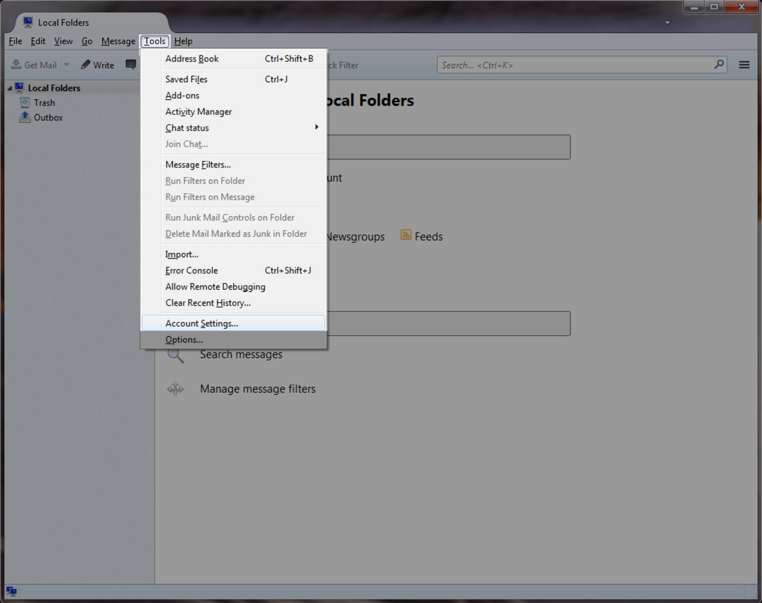 Step 1 » Open Thunderbird and select Account Settings from the Tools menu.