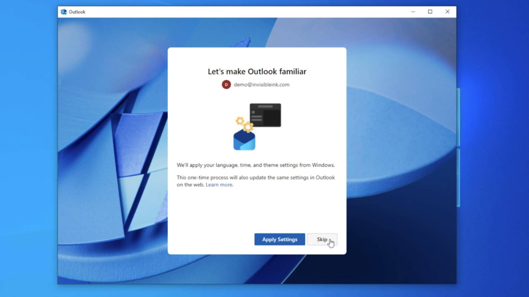 Step 7-8: Review privacy settings then choose Apply Now to customize the look of your Outlook inbox, or Skip to continue.