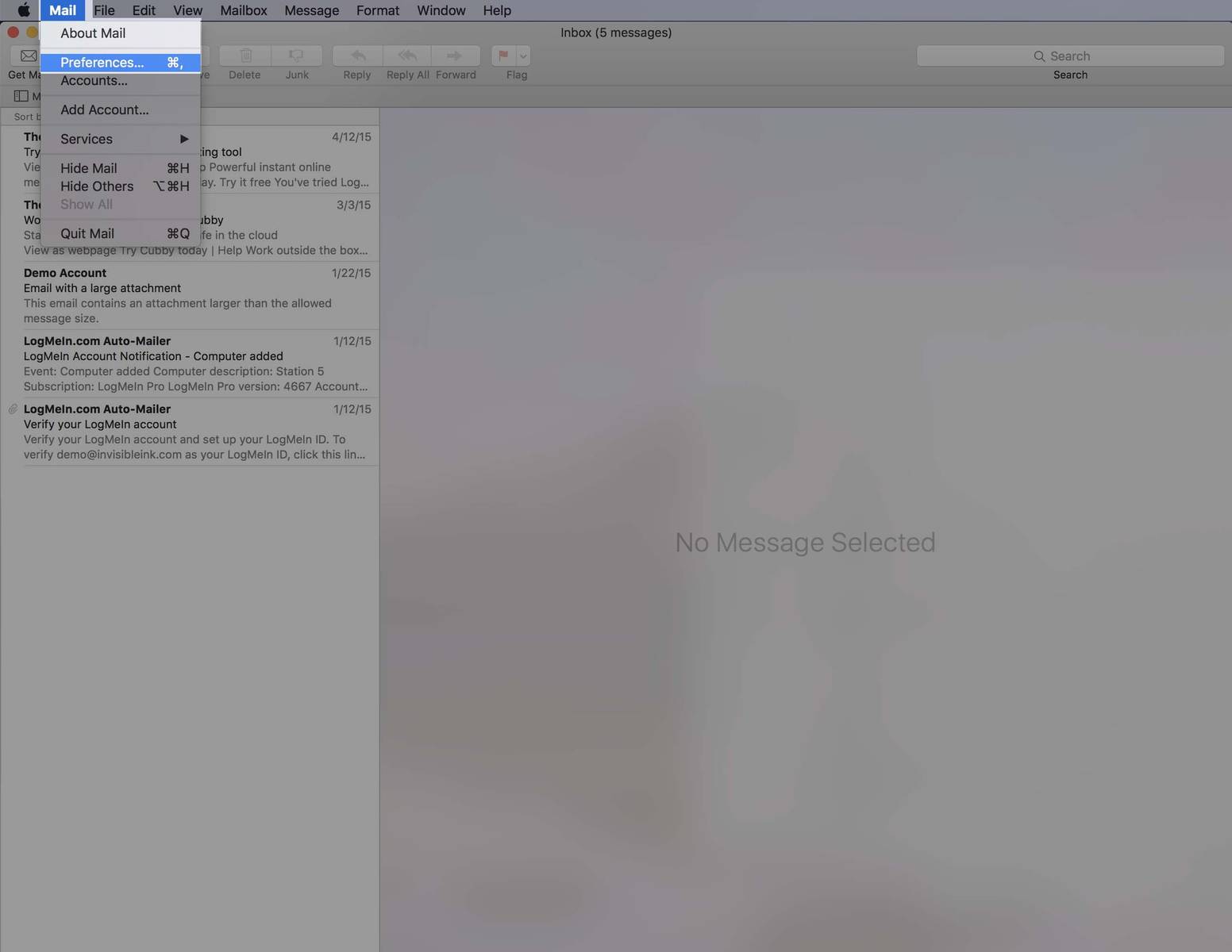 Step 5: Select the Mail menu and click Preferences.