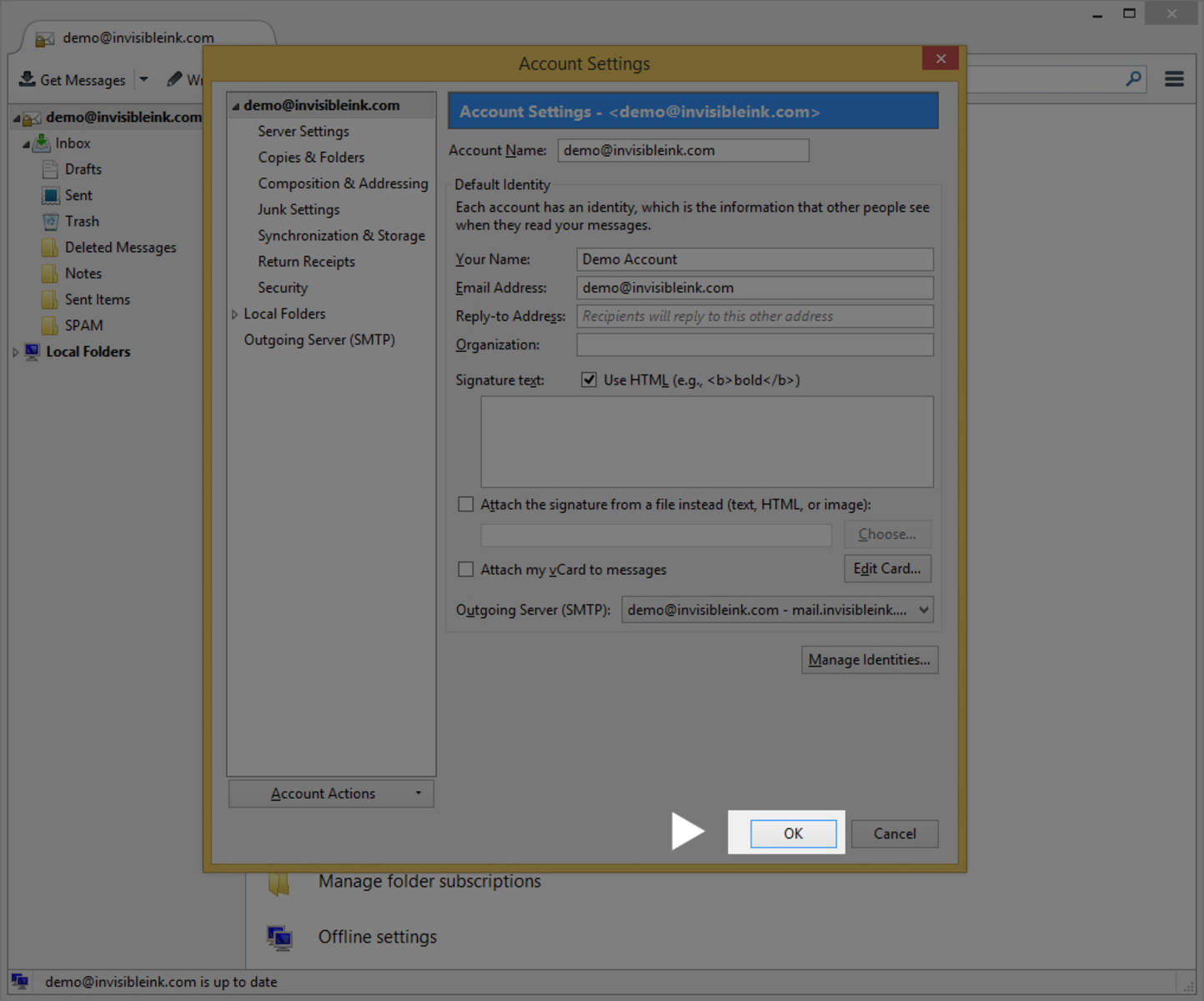 Step 8 » Thunderbird will return to the Account Settings screen after successfully completing a test of your settings. Click OK to return to the Inbox.