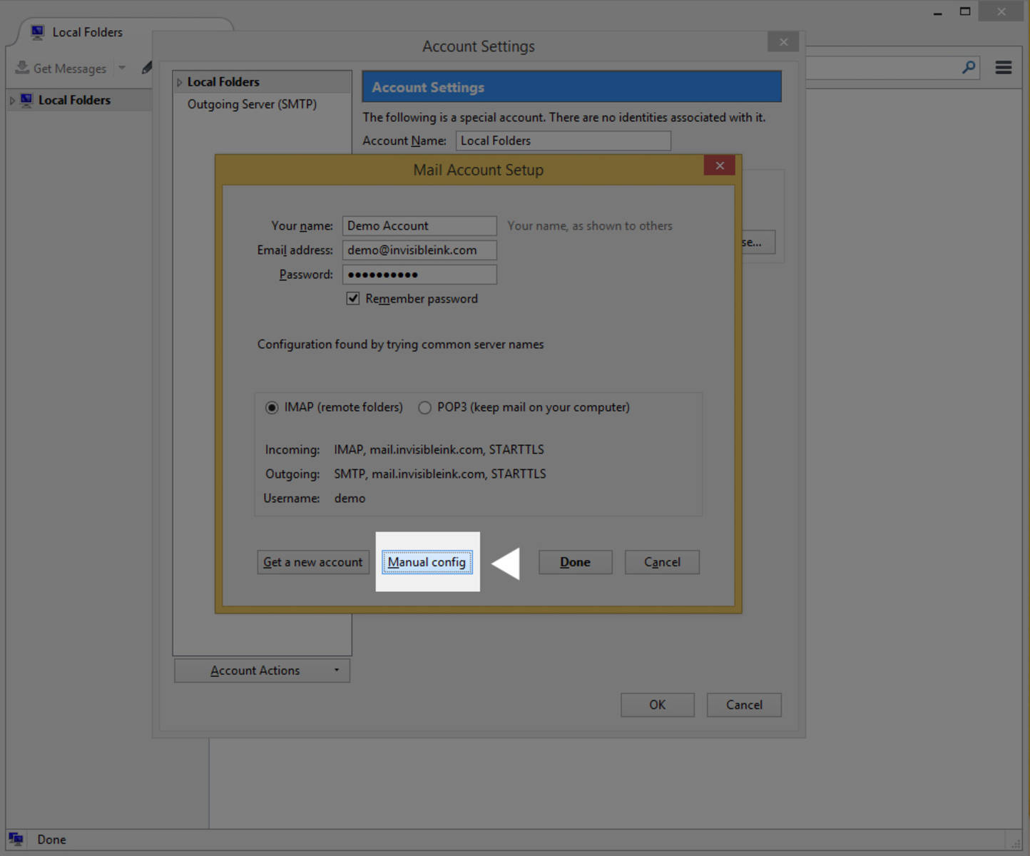 Step 4 » Thunderbird will attempt to configure your account. When prompted, click Manual Config to enter additional settings.