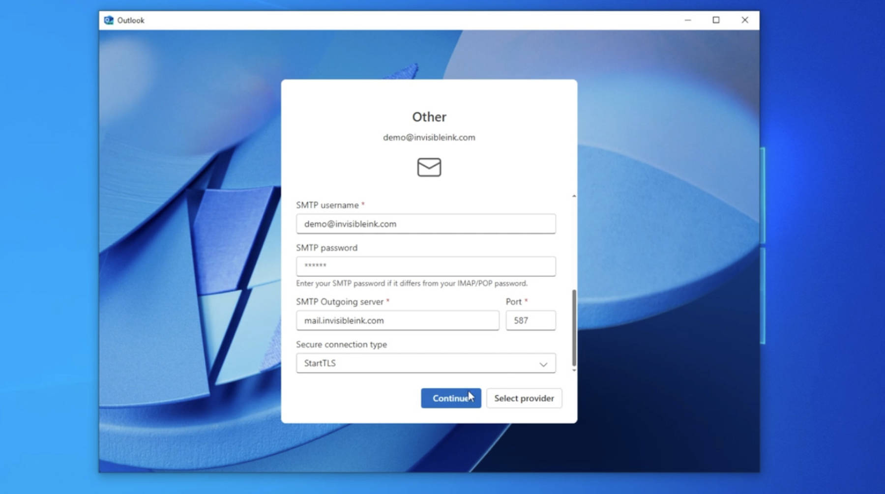 Step 3: Enter your IMAP password, then select the Show More toggle button to verify the automatically detected settings are correct, then click Continue. Server address should be mail.invisibleink.com and your username is your full email address, all lowercase.