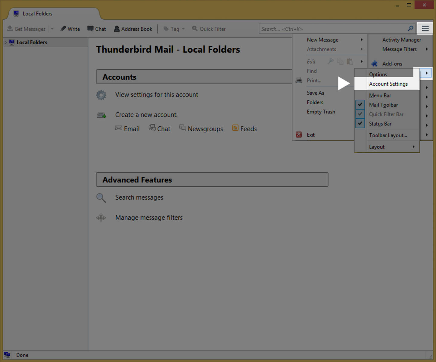 Step 1 » From the Tools menu, select Options, then choose Account Settings.