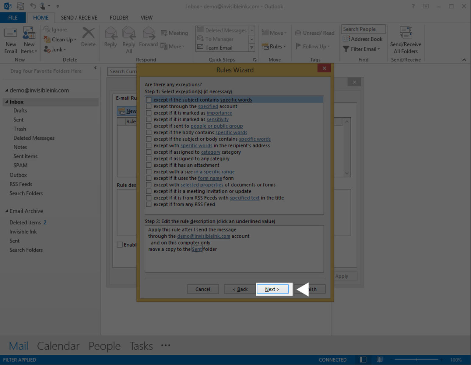 Part 1, Step 9: Click Next, then click Next again to skip the “Are there any exceptions?” screen. 