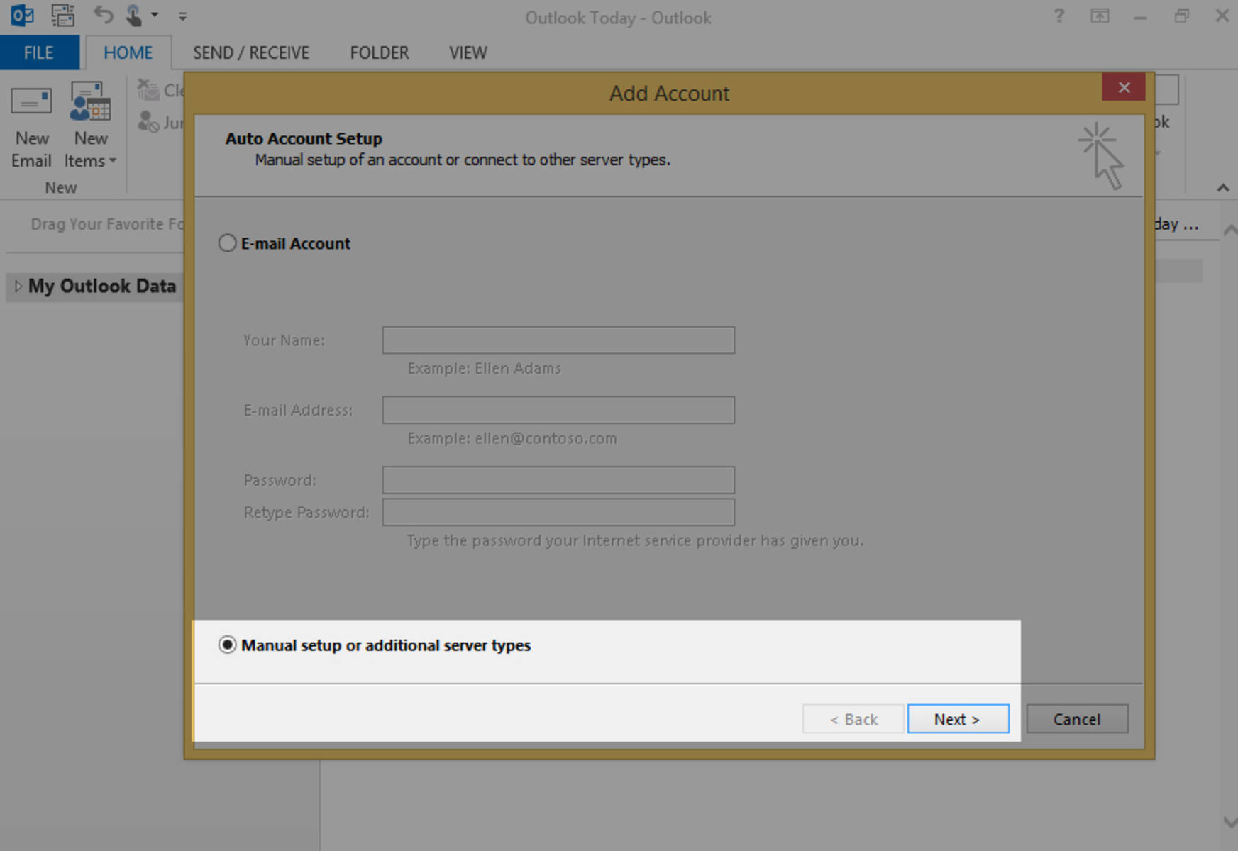 Step 2: Select "Manual setup or additional server types", then click Next.