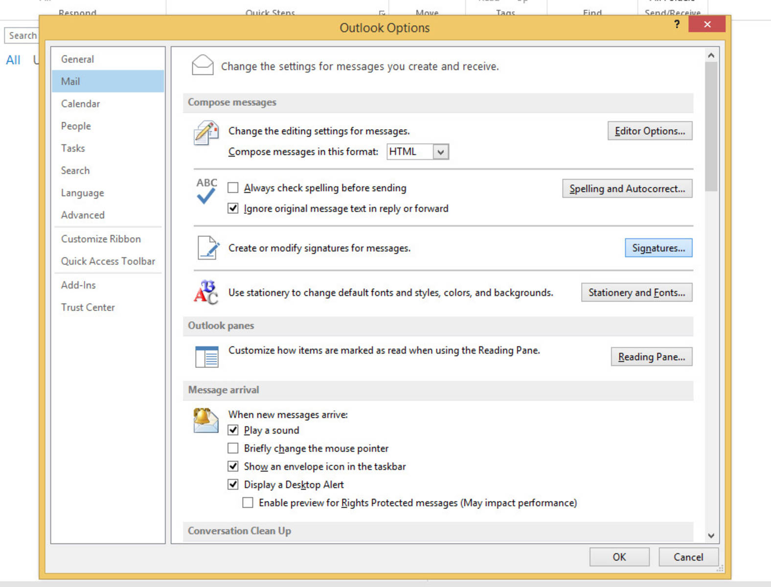 2 » From the Options screen, select the Mail tab on the left and click Signatures.