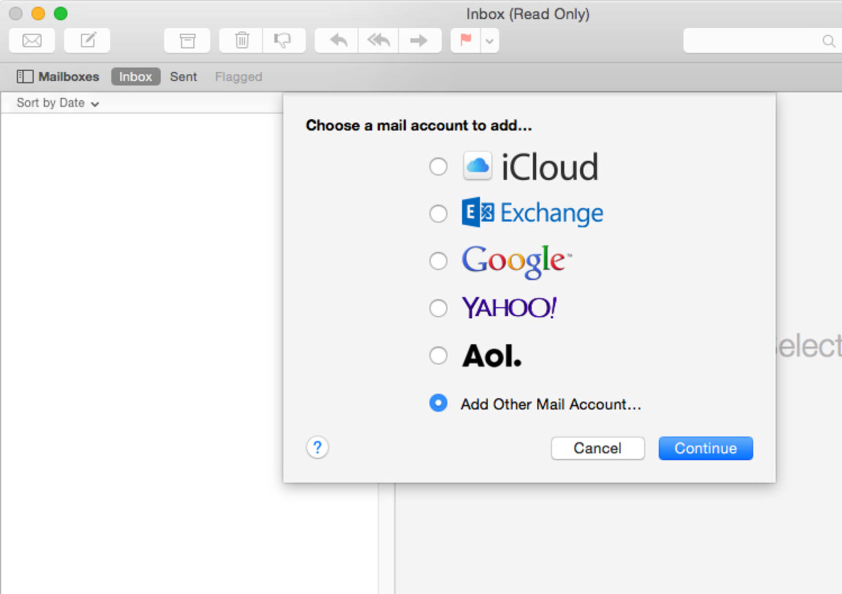Step 1 » If this is your first time setting up an account in Mail, choose "Add Other Mail Account" from the setup menu and click Continue. If you already use Mail, click "Add Account" from the File menu.