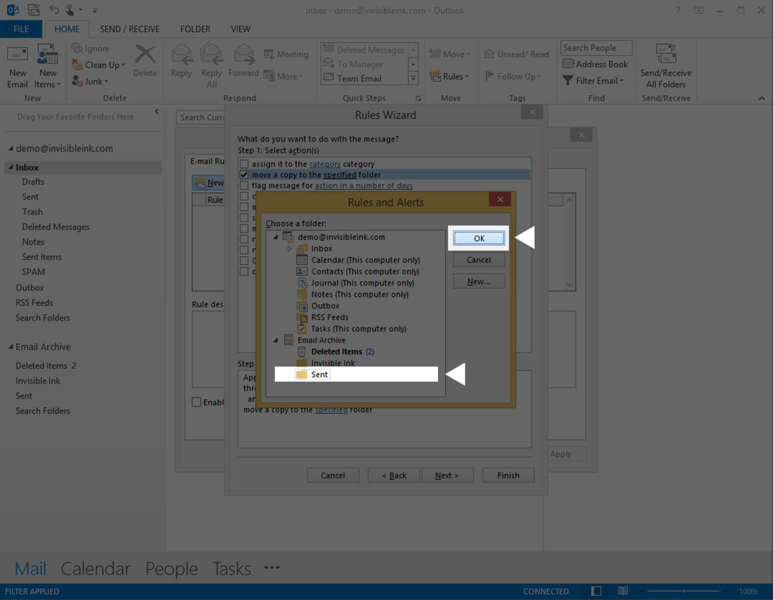 Part 1, Step 8: Select the desired sent folder in your offline email archive, then click OK.