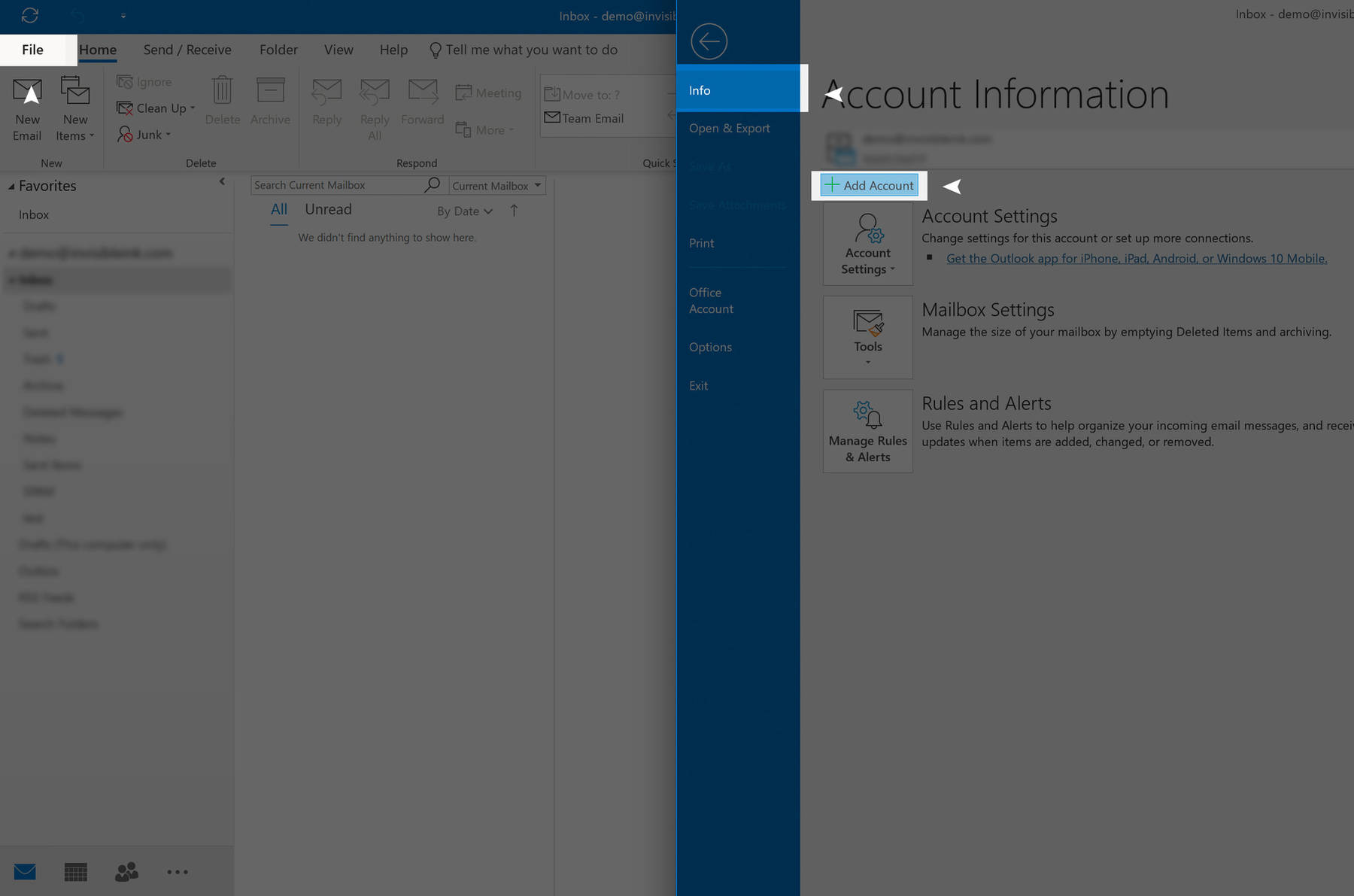 Step 1: Click the File menu in the upper lefthand corner of Outlook and choose Info > Add Account.