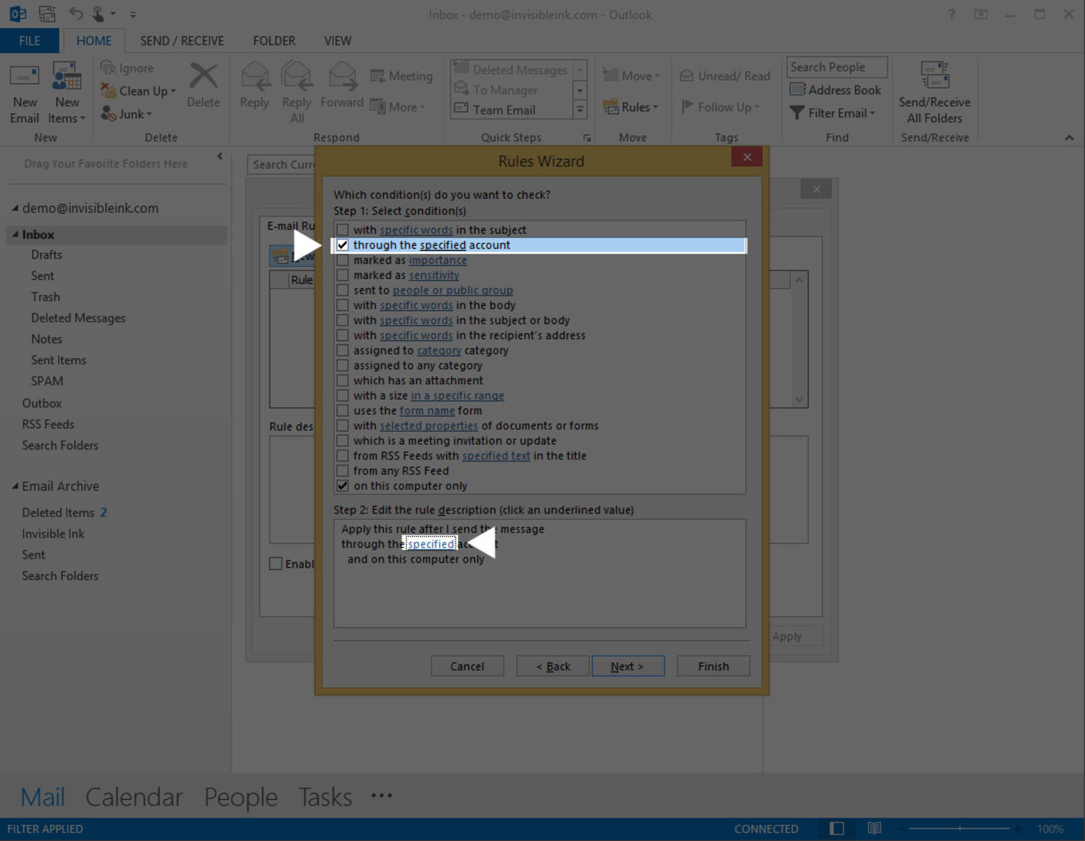 Part 1, Step 4: Check the box next to “through the specified account”, then click on the word “specified”at the bottom of this window to select your account.