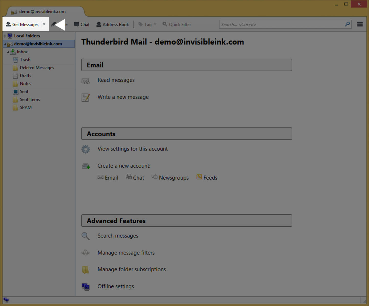 Step 9 » Click Get Messages to sync your new mailbox with the server.