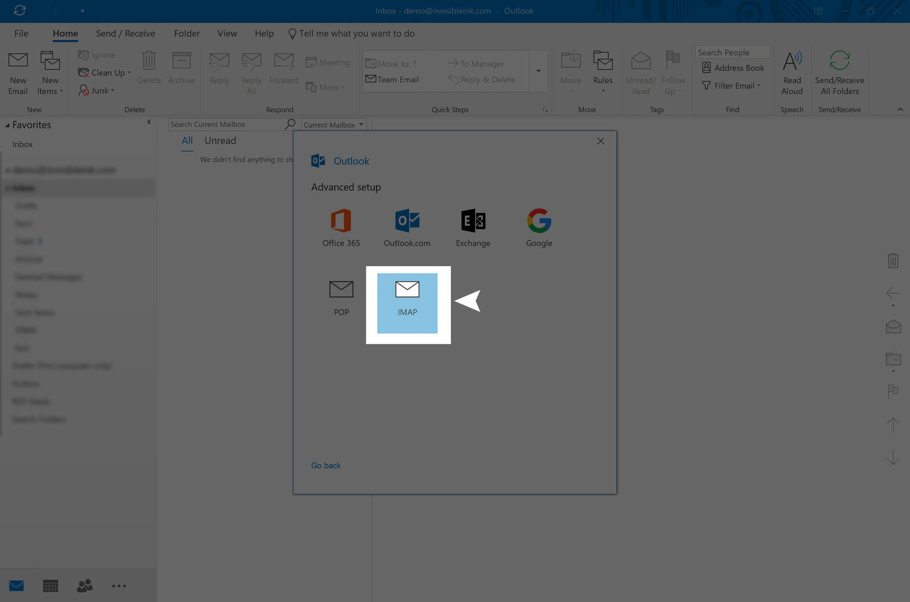 Step 3: When the Advanced Setup screen appears, select IMAP from the list of choices.