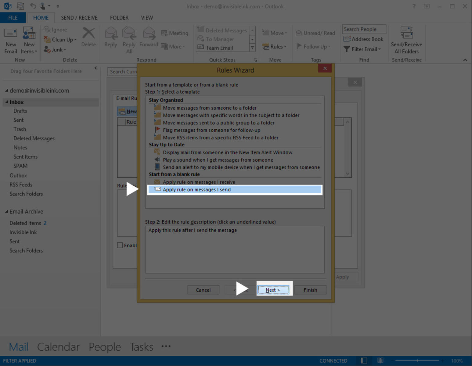 Part 1, Step 3: Select “Apply rule on messages I send”, then click Next.