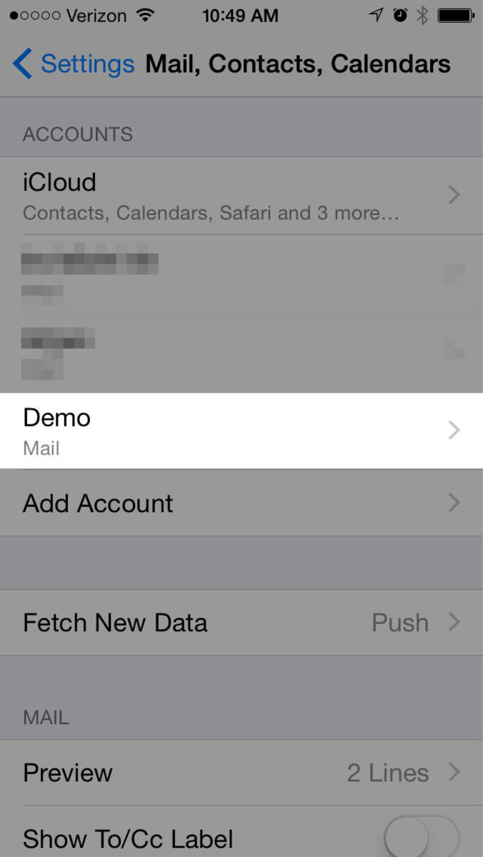 Step 10 » Select your new account from the Mail, Contacts, Calendars screen.