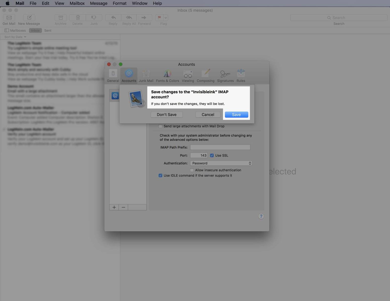 Step 11: Close the Accounts window. You should be prompted to save changes, click Save.