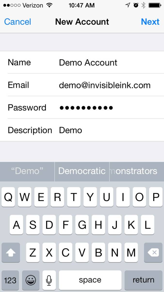 Step 5 » Enter your name, email address and password. Tap "Next" to proceed.