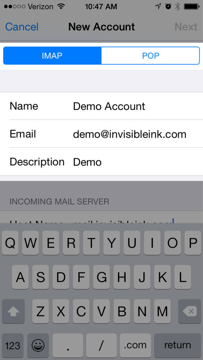 Step 6 » Make sure IMAP is selected and confirm your name and email address. Swipe down to continue.
