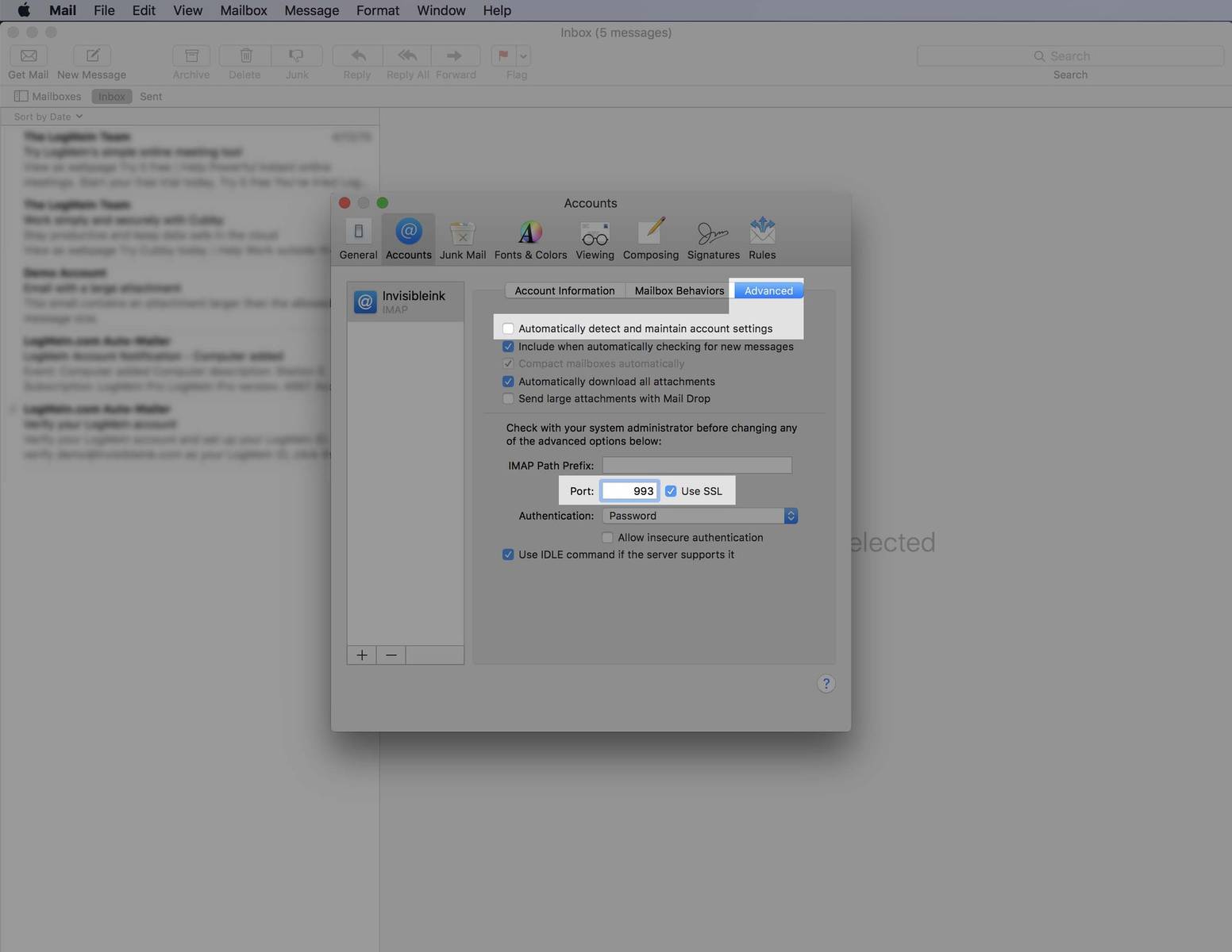 Step 10: Select the Advanced tab and un-check the checkbox labeled "Automatically detect and maintain account settings". Confirm the Port is set to 993 with SSL turned on.