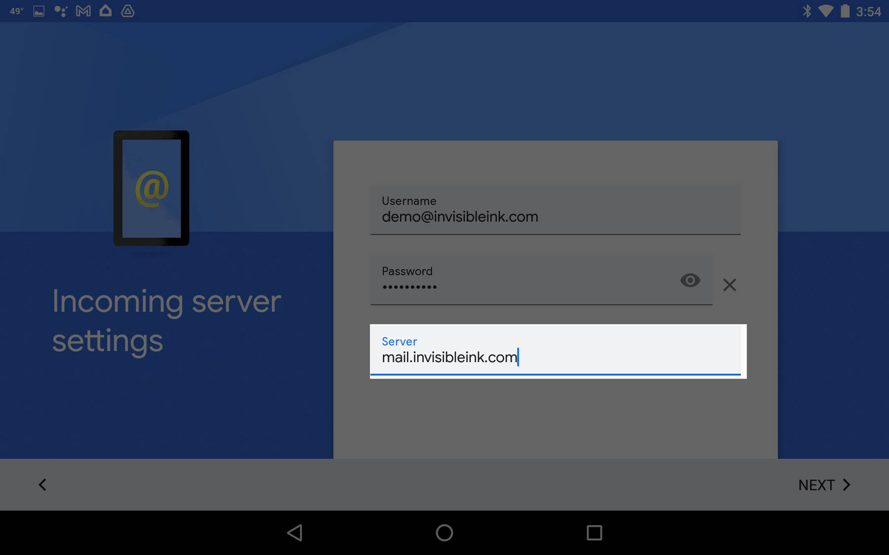 Enter the incoming mail server address, then tap Next