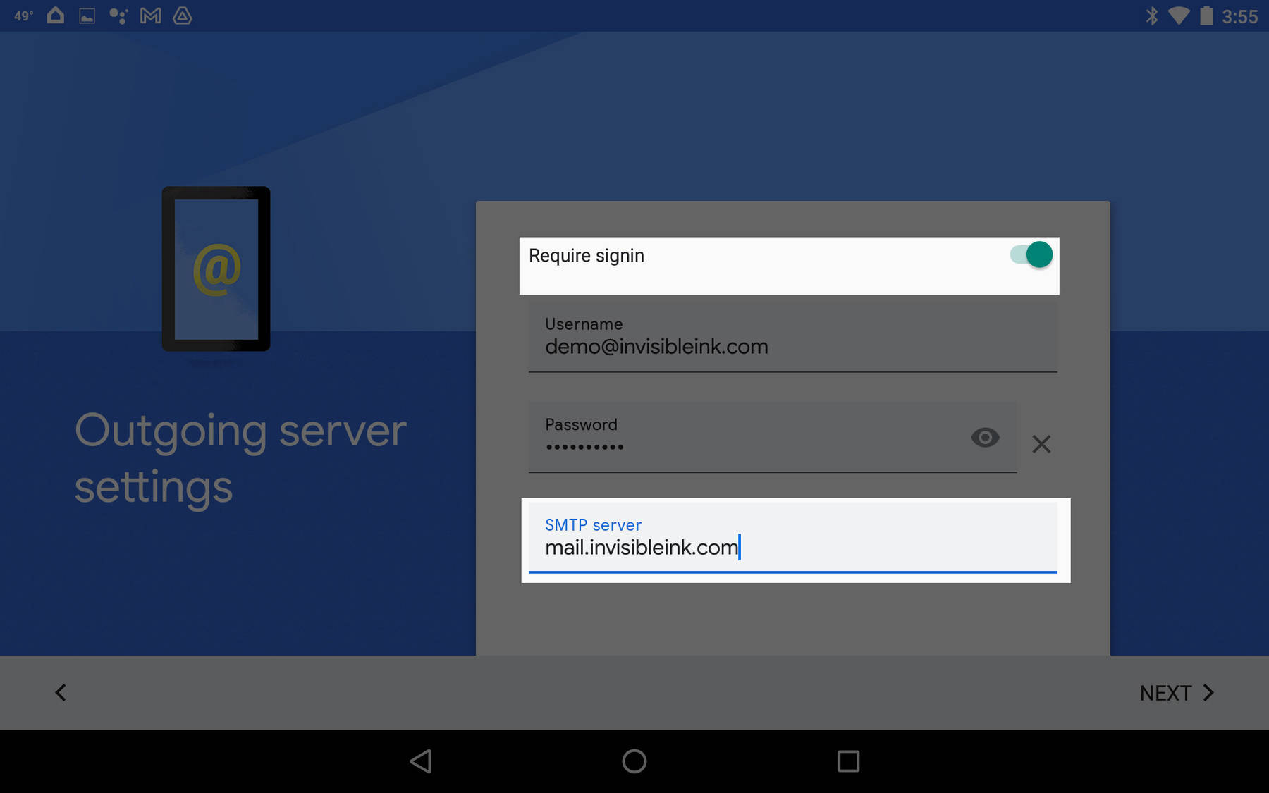 Make sure Require Signin is toggled ON and enter the SMTP server address, then tap Next