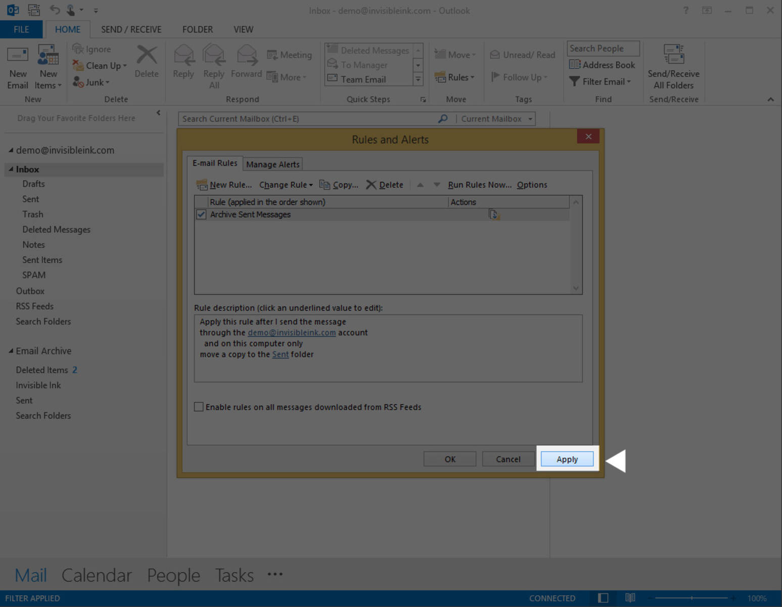 Part 1, Step 11: Click Apply to enable the new rule, then click OK to close the Rules & Alerts window.