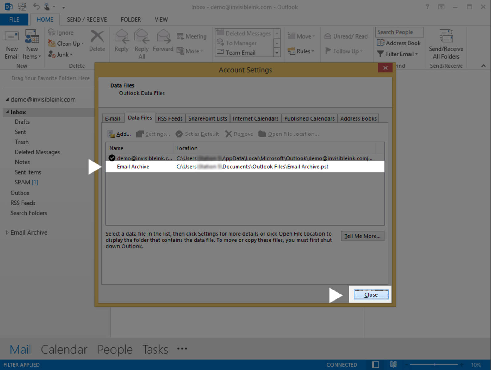 Step 4 » Your new Outlook data file should now be listed on the Data Files tab. Click Close to return to your inbox.