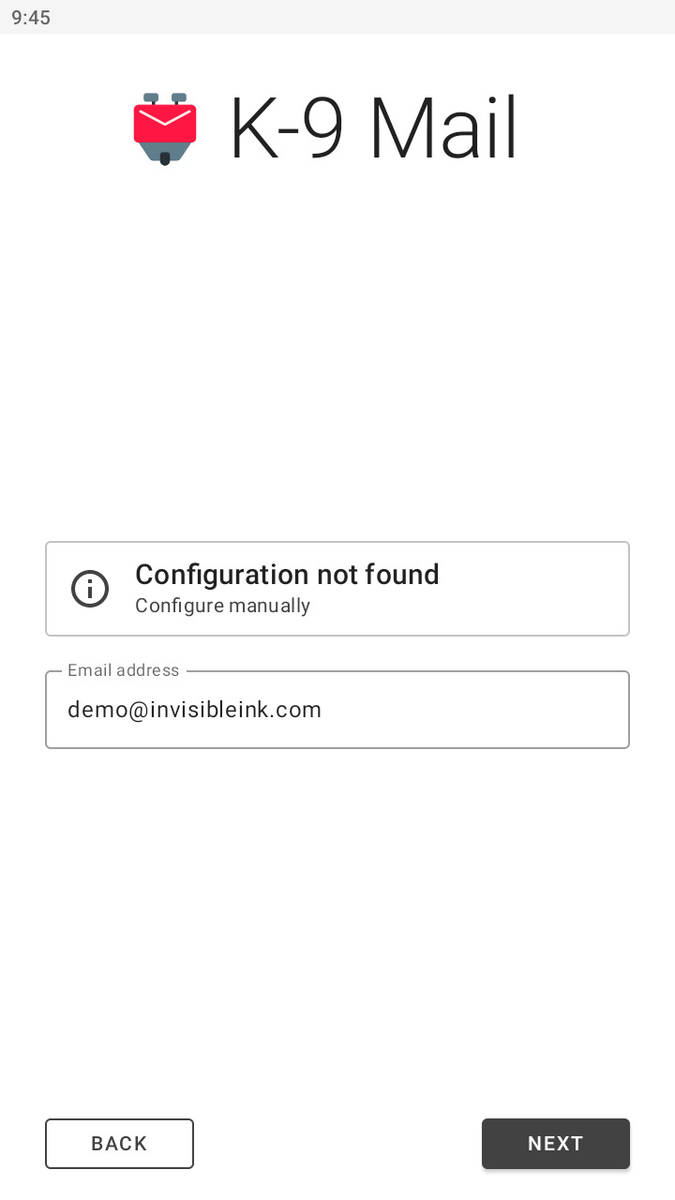 Step 3: When you receive the “Configuration not found” error, tap Next to configure your account manually.